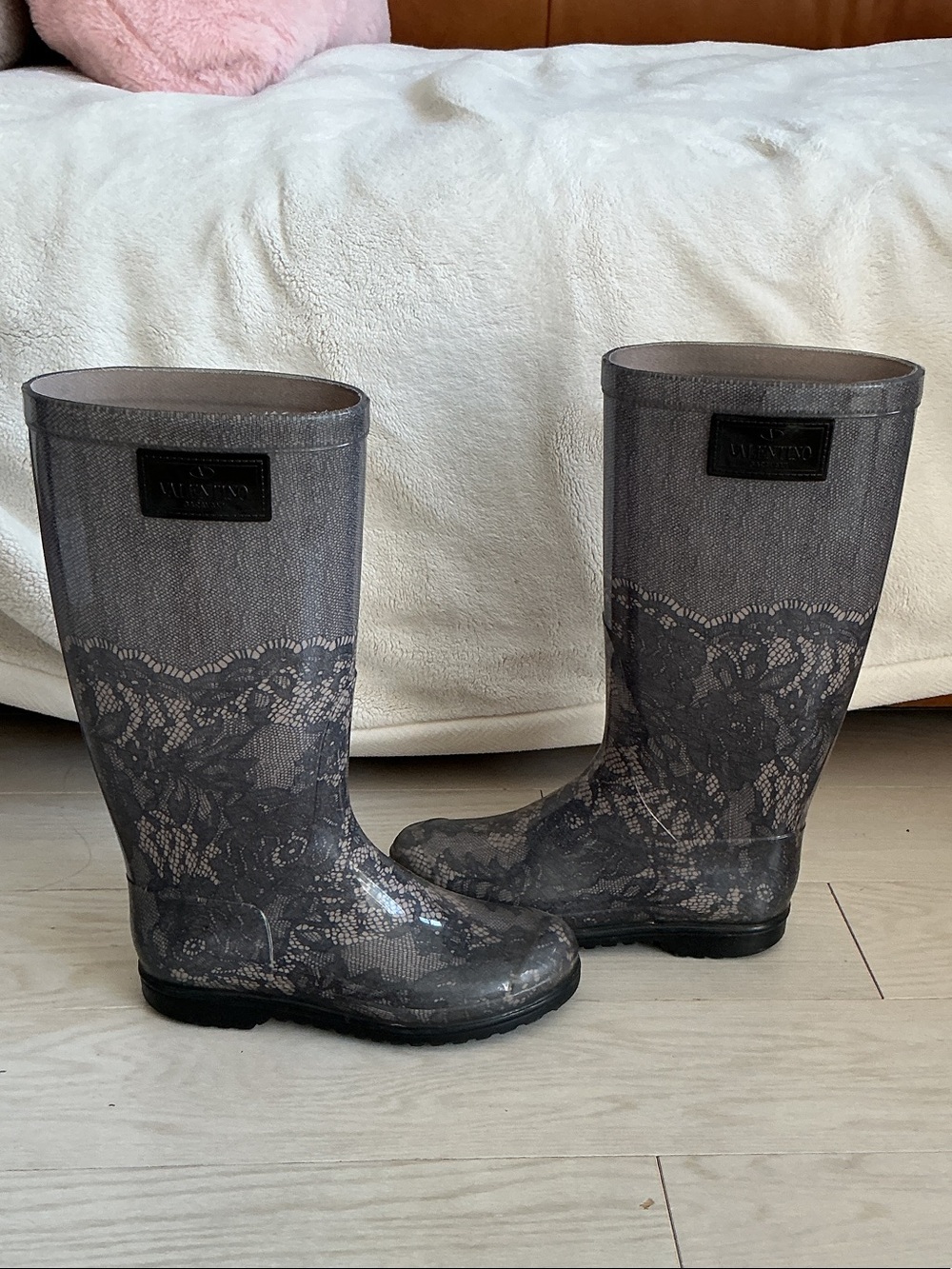 Valentino Gray Lace-Print Rain Boots